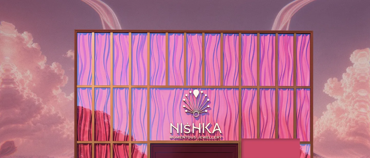 Nishka flagship storefront in front of fantasy sky